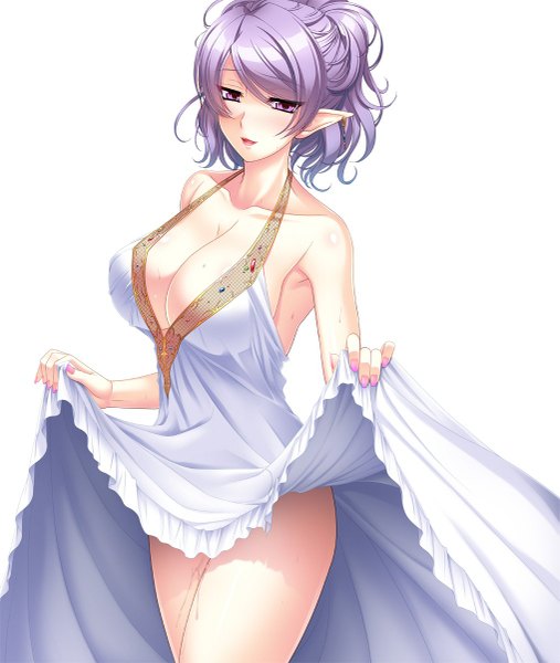 Anime picture 1015x1200 with taimanin asagi taimanin (series) aikawa arisa (artist) single tall image looking at viewer blush short hair breasts light erotic simple background large breasts white background purple eyes cleavage purple hair pointy ears dress lift girl dress