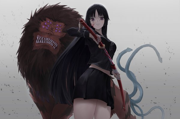 Anime picture 3868x2567 with ga-rei zero isayama yomi pigone single long hair looking at viewer fringe highres black hair simple background standing purple eyes holding absurdres blunt bangs long sleeves parted lips grey background teeth midriff