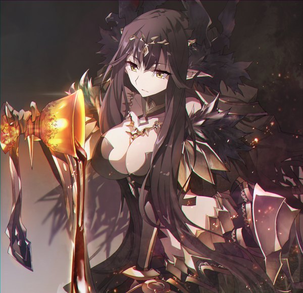 Anime picture 950x918 with fate (series) fate/apocrypha semiramis (fate) tsuedzu single long hair fringe breasts light erotic black hair hair between eyes large breasts holding yellow eyes looking away cleavage pointy ears fur trim girl hair ornament