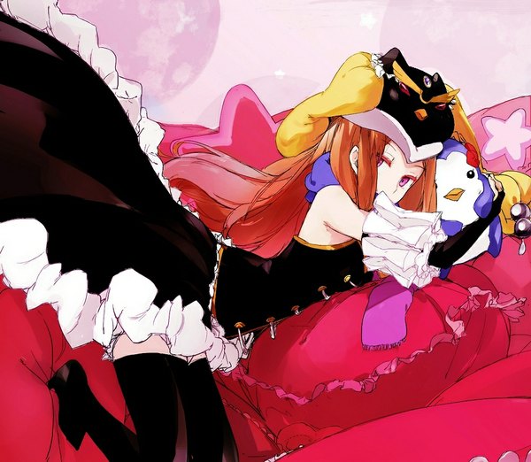 Anime picture 1000x870 with mawaru penguindrum takakura himari princess of the crystal penguin 3-gou francisco valle single long hair looking at viewer brown hair pink eyes hug girl thighhighs dress black thighhighs hat detached sleeves pillow star (symbol) corset