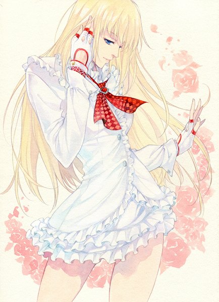 Anime picture 724x1000 with tekken namco (studio) emilie de rochefort agahari single long hair tall image looking at viewer fringe blue eyes blonde hair profile light smile traditional media watercolor (medium) girl dress gloves white dress fingerless gloves