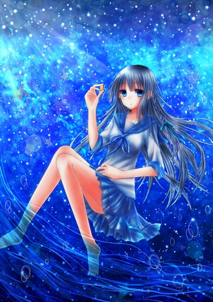 Anime picture 1446x2046 with original amano sora (artist) single long hair tall image blue eyes black hair girl serafuku