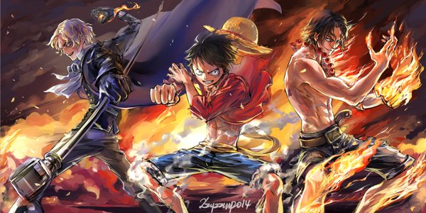 Anime picture 1512x756 with one piece toei animation monkey d. luffy portgas d. ace sabo (one piece) zzyzzyy looking at viewer short hair open mouth black hair blonde hair smile wide image signed multiple boys scar boy weapon hat shorts