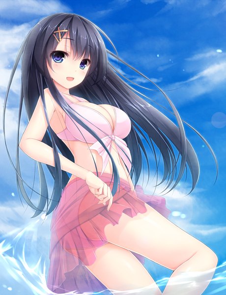 Anime picture 835x1087 with original sena chifuyu long hair tall image blush breasts open mouth blue eyes light erotic black hair large breasts sky cloud (clouds) girl swimsuit bikini