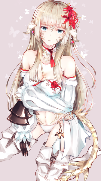 Anime picture 918x1640 with final fantasy final fantasy xiv square enix au ra sakura mochiko single long hair tall image looking at viewer fringe breasts blue eyes light erotic blonde hair large breasts tail blunt bangs hair flower horn (horns) girl
