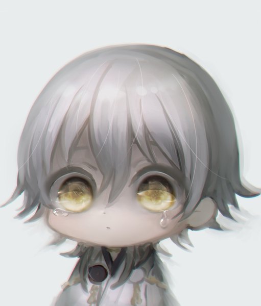 Anime picture 715x840 with touken ranbu nitroplus tsurumaru kuninaga abandon ranka single tall image fringe short hair simple background hair between eyes yellow eyes looking away grey hair tears chibi cute aqua background boy