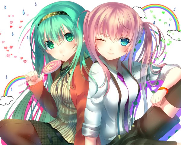 イラスト 1000x800 と ボーカロイド 初音ミク 巡音ルカ よすカ 長髪 カメラ目線 赤面 青い目 ツインテール multiple girls 緑の目 looking away ピンク髪 cloud (clouds) one eye closed green hair ウィンク rain twisty sleeves 女の子