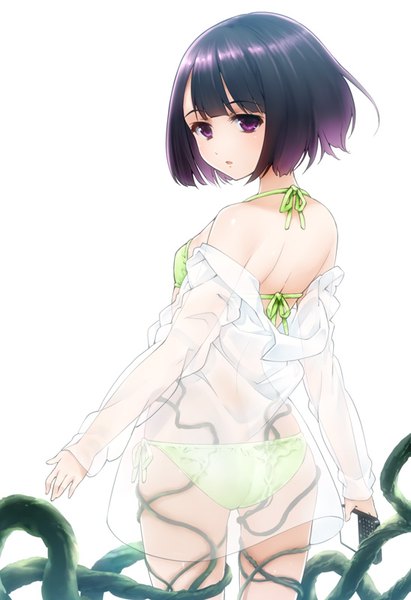 Anime picture 548x800 with darwin's game kashiwagi rein takahata yuki single tall image looking at viewer fringe short hair open mouth light erotic simple background standing white background purple eyes holding purple hair ass blunt bangs long sleeves looking back