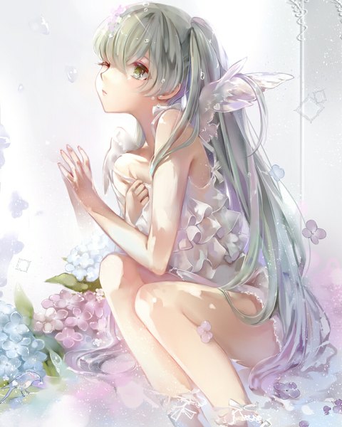 Anime picture 800x1000 with vocaloid hatsune miku 041 single long hair tall image sitting twintails bare shoulders green eyes bent knee (knees) one eye closed wink aqua hair bare legs shadow sleeveless shiny skin looking up white wings