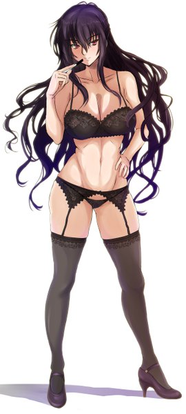 Anime picture 2428x5380 with muv-luv alternative schwarzesmarken muv-luv beatrix bremer green kaminari single long hair tall image looking at viewer highres breasts light erotic black hair red eyes white background underwear only girl thighhighs navel underwear