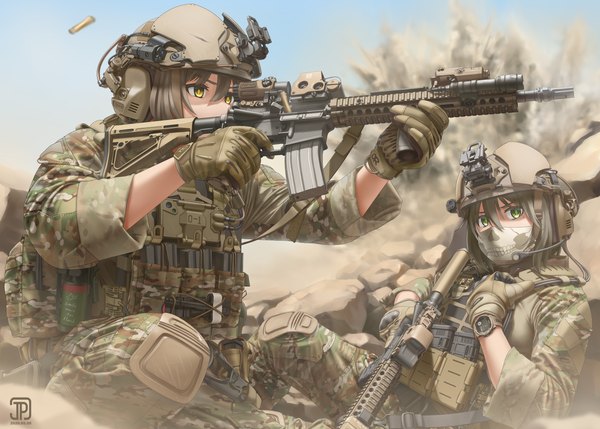 Anime picture 2893x2067 with original jpc fringe highres short hair hair between eyes brown hair sitting multiple girls green eyes yellow eyes outdoors couple watermark military explosion camouflage desert girl gloves