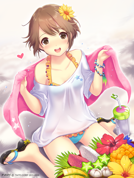 Anime picture 640x853 with ilog tajima yu occhan single tall image looking at viewer fringe short hair brown hair sitting bare shoulders brown eyes looking back hair flower happy sand star print girl hair ornament flower (flowers)