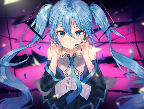 Anime picture 2220x1681 with vocaloid hatsune miku tokkyu single looking at viewer blush fringe highres blue eyes hair between eyes twintails very long hair nail polish aqua hair tattoo girl skirt detached sleeves miniskirt necktie