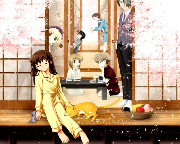 Anime picture 1600x1280 with fruits basket studio deen honda tooru souma kyou souma yuki souma kisa sohma momiji sohma hatori sohma hiro dragonrain (sjade1) long hair fringe short hair open mouth black hair blonde hair brown hair standing sitting multiple girls