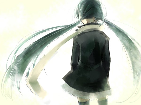 Anime picture 1600x1200 with vocaloid when the first love ends (vocaloid) hatsune miku single long hair standing white background twintails from behind aqua hair low twintails girl thighhighs black thighhighs jacket scarf
