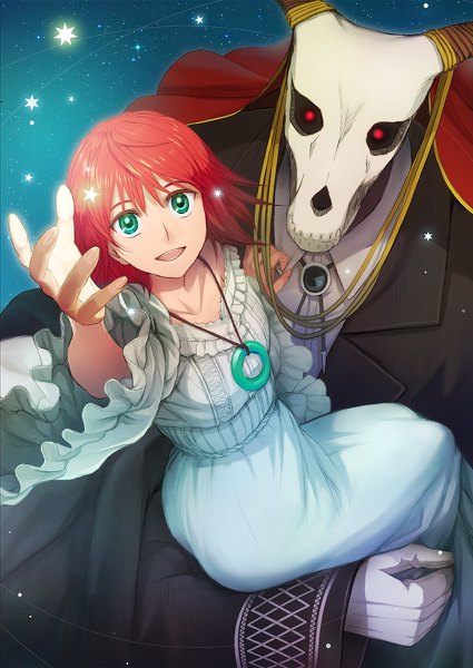 Anime picture 850x1200 with mahou tsukai no yome wit studio hatori chise ellias ainsworth anco tall image looking at viewer fringe short hair breasts open mouth smile hair between eyes sitting holding full body ass red hair :d aqua eyes
