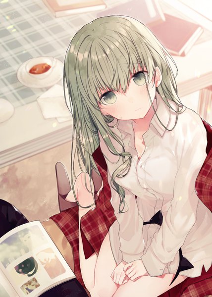 Anime picture 650x910 with shiro seijo to kuro bokushi cecilia (shiro seijo to kuro bokushi) teigi single long hair tall image looking at viewer blush fringe breasts hair between eyes sitting green eyes cleavage bent knee (knees) indoors long sleeves head tilt green hair from above