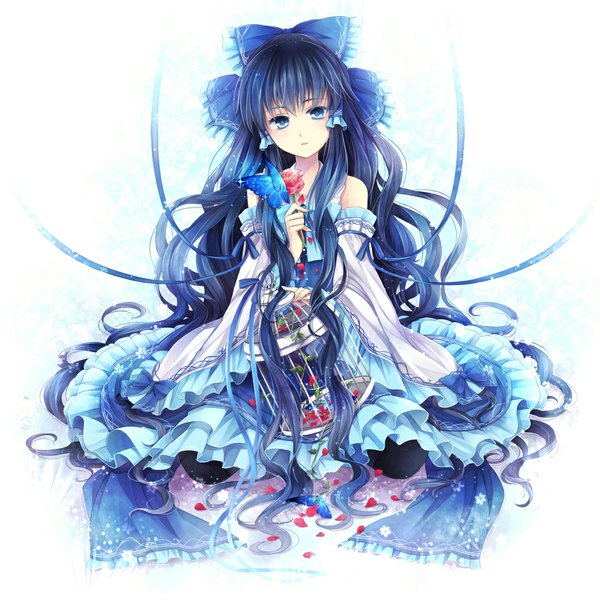 Anime picture 1000x1000 with touhou hakurei reimu hagiwara rin single long hair looking at viewer blue eyes simple background white background bare shoulders holding blue hair alternate color girl dress flower (flowers) bow ribbon (ribbons) hair bow detached sleeves