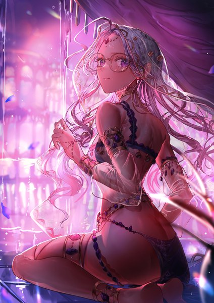 Anime picture 2894x4093 with fate (series) fate/extra rani viii sanbon hijiki single long hair tall image looking at viewer blush highres breasts light erotic sitting purple eyes purple hair ahoge ass looking back barefoot from behind