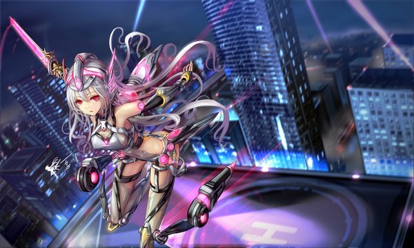 Anime picture 1400x840 with original wangchuan de quanyan single looking at viewer fringe breasts light erotic red eyes wide image very long hair grey hair leaning leaning forward city cityscape girl