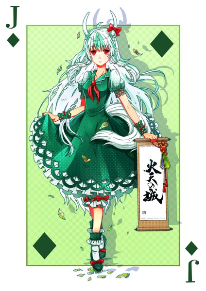 Anime picture 2598x3673 with touhou kamishirasawa keine tanotomoe single long hair tall image looking at viewer highres red eyes horn (horns) green hair shadow wavy hair card (medium) girl dress bow leaf (leaves)