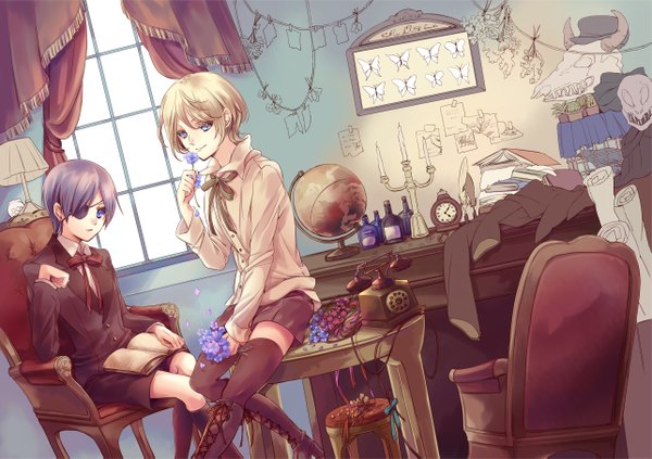 Anime picture 2571x1813 with kuroshitsuji a-1 pictures ciel phantomhive alois trancy yamada ako looking at viewer highres open mouth blue eyes blonde hair smile sitting purple eyes detailed thighhighs boy flower (flowers) bow black thighhighs boots