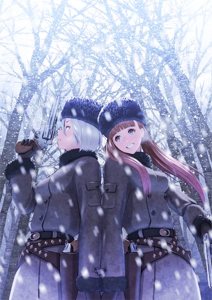 Anime picture 724x1023 with original nanahime (aoi) long hair tall image looking at viewer short hair blue eyes smile brown hair multiple girls white hair profile grin snowing winter exhalation bare tree girl uniform weapon