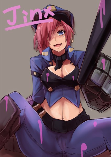 Anime picture 1500x2124 with league of legends vi (league of legends) otaku (pixiv id4162402) single tall image looking at viewer fringe short hair light erotic smile purple eyes red hair hair over one eye tattoo spread legs cameltoe girl navel flat cap