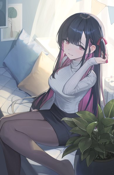 Anime picture 2657x4096 with original de nim single tall image looking at viewer fringe highres breasts black hair smile red eyes large breasts sitting pink hair bent knee (knees) indoors blunt bangs long sleeves parted lips multicolored hair