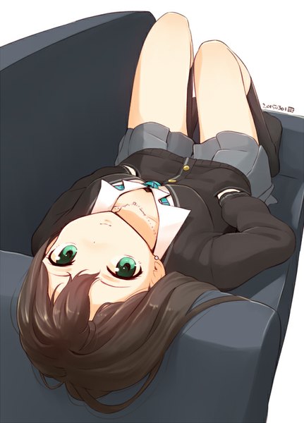 Anime picture 600x834 with idolmaster idolmaster cinderella girls shibuya rin nagian single long hair tall image looking at viewer fringe smile brown hair green eyes bent knee (knees) pleated skirt shadow no shoes reclining open collar hands in pockets girl