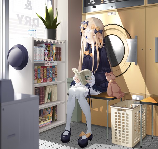 Anime picture 3000x2841 with fate (series) fate/grand order abigail williams (fate) shiro ami single long hair fringe highres blue eyes blonde hair smile sitting holding full body indoors long sleeves looking down hat removed headwear removed bandaid on face
