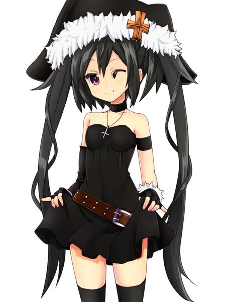 Anime picture 600x800 with original note-chan amano kouki single tall image looking at viewer breasts black hair simple background smile hair between eyes standing white background twintails bare shoulders very long hair one eye closed wink zettai ryouiki girl