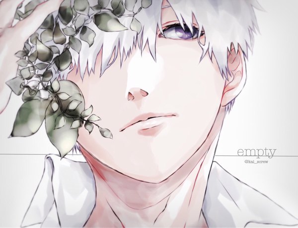 Anime picture 2042x1563 with original saamon (dream81come) single fringe highres short hair purple eyes signed looking away silver hair hair over one eye twitter username face boy plant (plants)