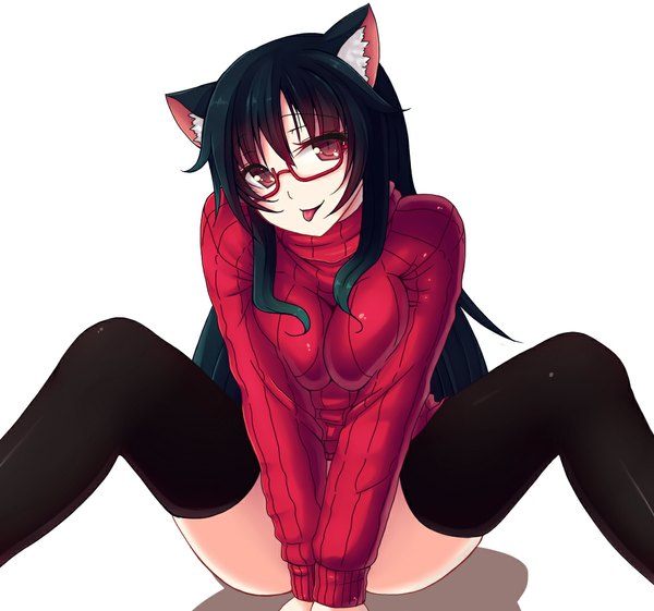 Anime picture 1133x1061 with original kisaragi yakumo single long hair looking at viewer black hair simple background red eyes white background sitting animal ears cat ears shadow :p girl thighhighs black thighhighs glasses tongue sweater