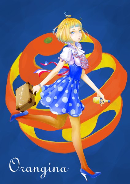 Anime picture 1000x1414 with original orangina pi (pppppchang) single tall image looking at viewer short hair blue eyes blonde hair ahoge inscription girl dress ribbon (ribbons) pantyhose bottle suitcase