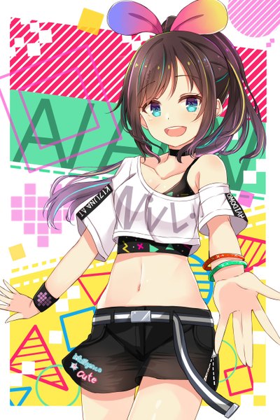 Anime picture 1792x2686 with virtual youtuber a.i. channel kizuna ai kizuna ai (musician) amidada single long hair tall image looking at viewer blush fringe highres breasts open mouth brown hair standing payot cleavage ponytail multicolored hair