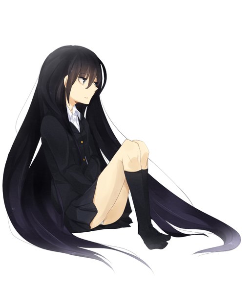 Anime picture 1200x1400 with suzumiya haruhi no yuutsu kyoto animation suou kuyou single long hair tall image fringe blue eyes black hair simple background white background sitting very long hair grey eyes no shoes girl uniform school uniform socks black socks