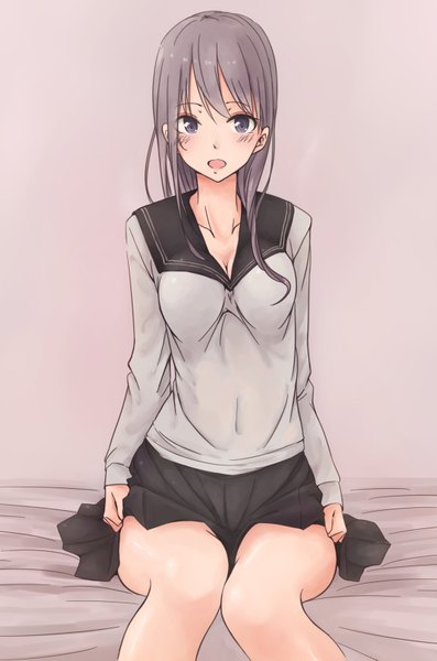 Anime picture 2145x3241 with original rutchifu single long hair tall image looking at viewer blush fringe highres open mouth simple background sitting purple eyes bent knee (knees) grey hair pink background girl uniform school uniform serafuku