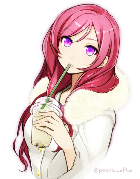 Anime picture 800x1021 with original poaro single long hair tall image looking at viewer breasts simple background white background purple eyes pink hair lips fur trim hair over shoulder drinking girl fur coat cup drinking straw