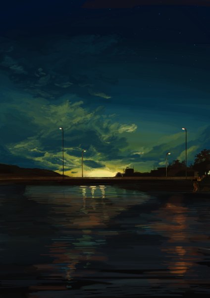 Anime picture 1061x1500 with original saku54 tall image sky cloud (clouds) night reflection no people landscape plant (plants) tree (trees) water lantern lamppost