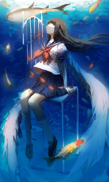 Anime picture 2480x4133 with original prophet chu single long hair tall image looking at viewer highres brown hair sitting brown eyes underwater girl skirt uniform miniskirt wings water socks serafuku shoes