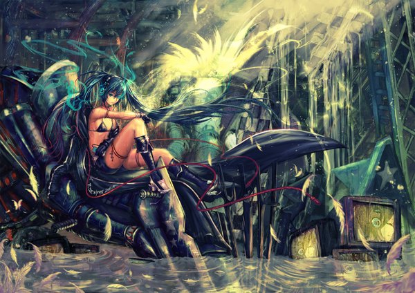 Anime picture 2970x2100 with black rock shooter black rock shooter (character) edenfox single long hair highres blue eyes black hair twintails legs glowing scar glowing eye (eyes) girl sword water katana feather (feathers) bikini top wire (wires)