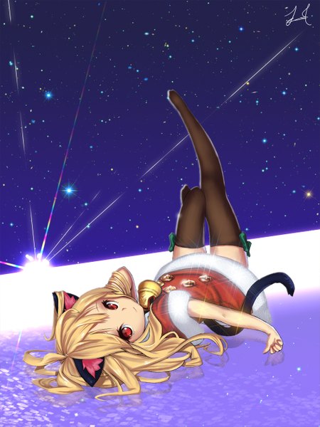 Anime picture 1000x1333 with original kazetto (kazetsuto) single long hair tall image looking at viewer fringe blonde hair red eyes signed animal ears bent knee (knees) tail lying animal tail sunlight cat ears night cat girl cat tail
