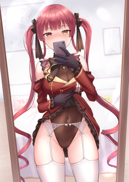 Anime picture 4961x7016 with virtual youtuber hololive houshou marine houshou marine (3rd costume) marinesnow single tall image looking at viewer blush fringe highres breasts light erotic red eyes large breasts standing twintails bare shoulders holding yellow eyes