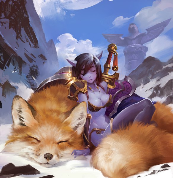 Anime picture 1500x1544 with world of warcraft warcraft blizzard entertainment draenei rui zhang long hair tall image breasts light erotic black hair animal ears sky cleavage cloud (clouds) eyes closed arm support winter snow sleeping giant