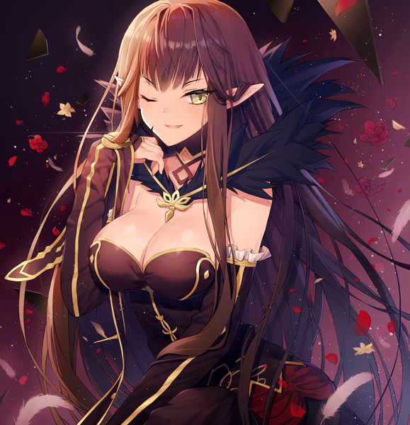 Anime picture 1447x1500 with fate (series) fate/apocrypha semiramis (fate) kuro futoshi single long hair tall image looking at viewer fringe breasts light erotic brown hair large breasts yellow eyes cleavage upper body one eye closed pointy ears girl dress