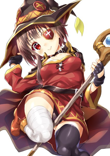 Anime picture 849x1200 with kono subarashii sekai ni shukufuku wo! studio deen megumin ekakibito single tall image looking at viewer blush fringe short hair light erotic simple background hair between eyes red eyes brown hair white background holding bent knee (knees) head tilt light smile