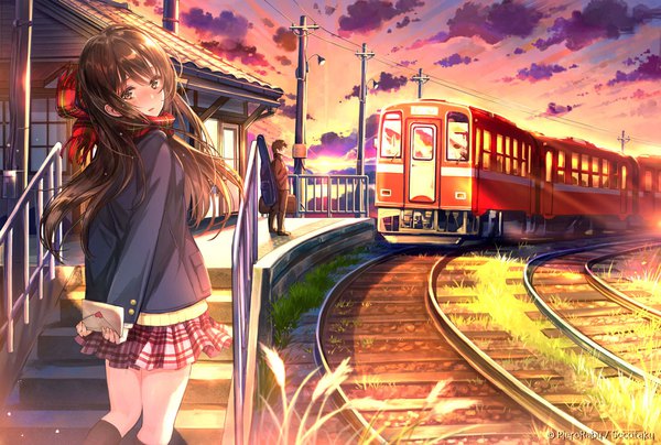 Anime picture 1100x742 with original pierorabu long hair looking at viewer blush fringe short hair hair between eyes brown hair brown eyes signed sky cloud (clouds) parted lips pleated skirt looking back sunlight embarrassed tears watermark