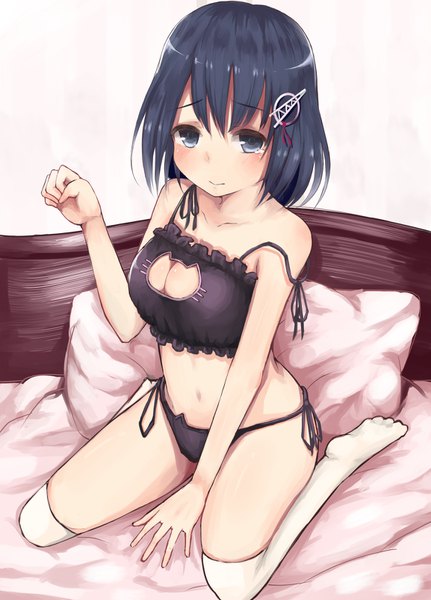 Anime picture 1154x1606 with kantai collection haguro heavy cruiser kinryuu single tall image looking at viewer blush short hair blue eyes light erotic black hair sitting embarrassed underwear only wariza strap slip cleavage cutout between legs paw pose frilled bra