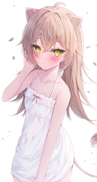 Anime picture 1078x2027 with virtual youtuber indie virtual youtuber rurudo lion himexin single long hair tall image looking at viewer blush fringe simple background hair between eyes brown hair standing white background bare shoulders animal ears yellow eyes ahoge tail